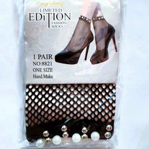 Wang Shang Fashion Socks from France Fishnet Black w Pearls & Silver Beads NEW